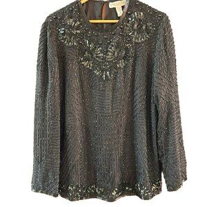Valerie Stevens Black Beaded Silk Blend Long Sleeve Evening Top Size 6 Special